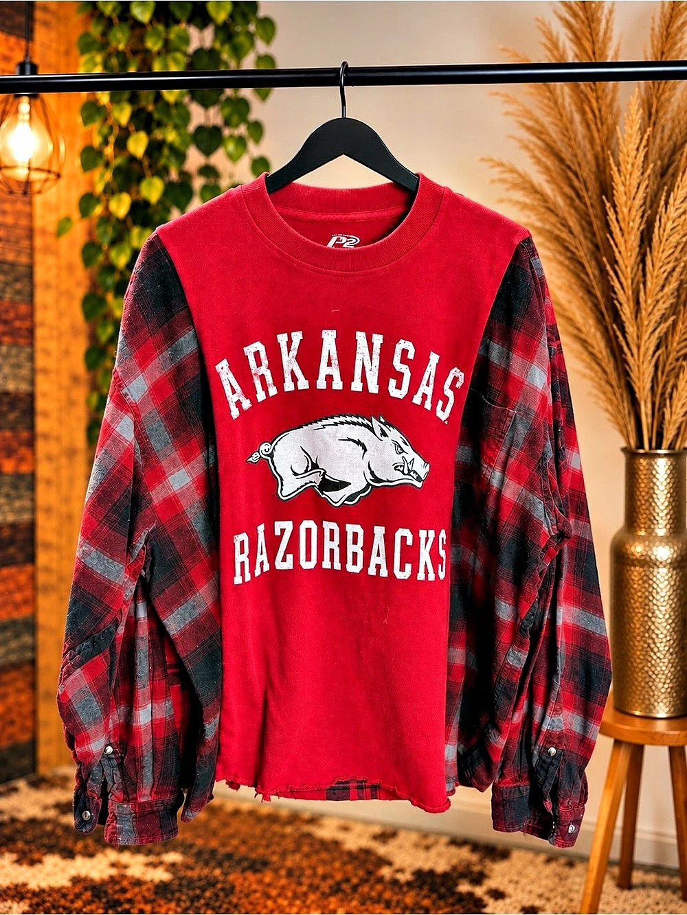 Handmade Upcycle Arkansas Razorbacks Varsity Plaid pull over